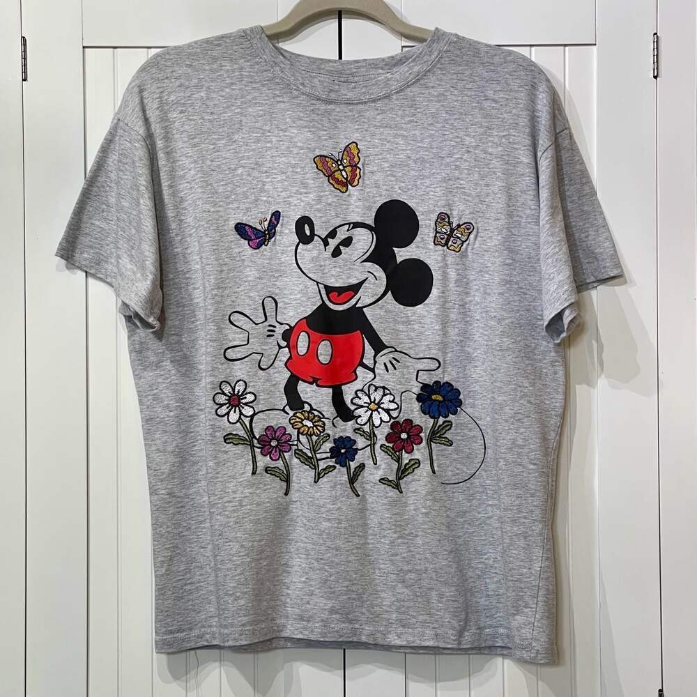 Disney Mickey Mouse Butterfly and Flowers Heather Grey T-Shirt